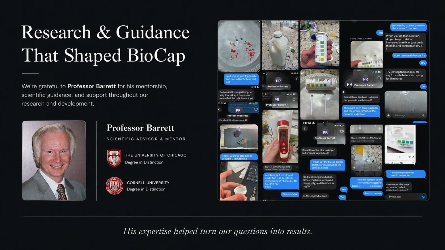 Research and Guidance That Shaped BioCap — presentation slide with Professor Rabinow, university credentials, research collage, and quote